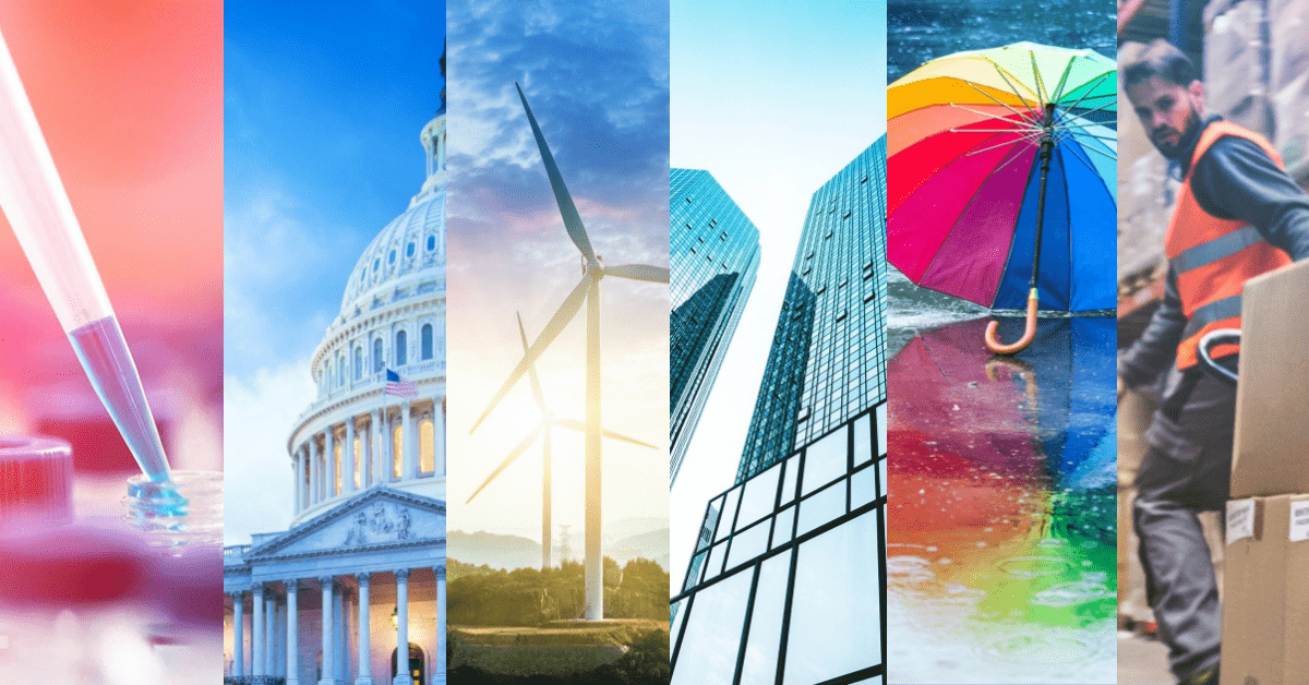 Six photos aligned side by side that are meant to represent six different industries. From left to right: pharmaceutical, government, energy, finance, healthcare, retail